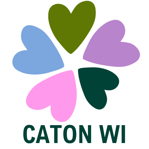 Caton Women's Institute Logo. Multi-coloured hearts arranged in a circle with Caton WI underneath.  
